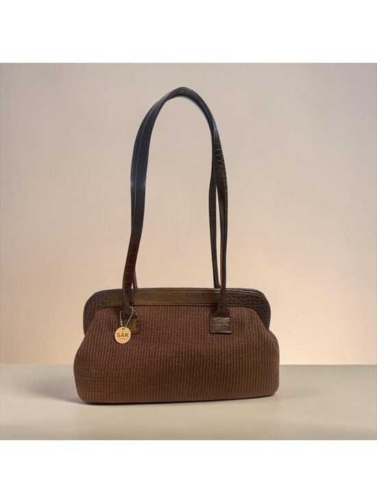 The Sak Handbags - VTG The Sak Hollywood Satchel Brown PP Crochet Moc Croc Framed Shoulder Bag Y2K